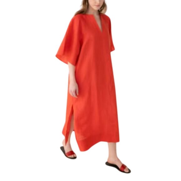 ERES Linen Bibi Kaftan Maxi Dress Womens OS Orange Short Sleeve V-Neck Cover Up - Picture 1 of 12